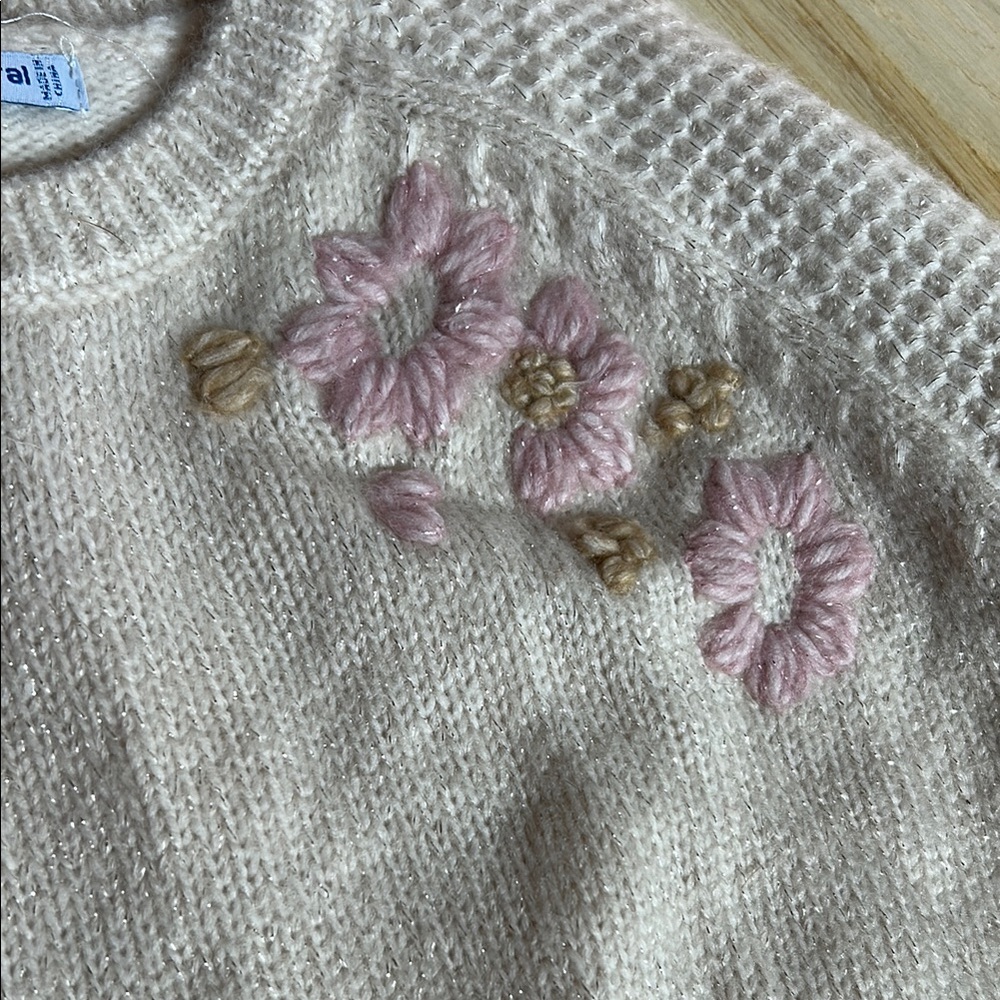 Girls Cream Sweater with Pink Floral Embroidery - Picture 4 of 7